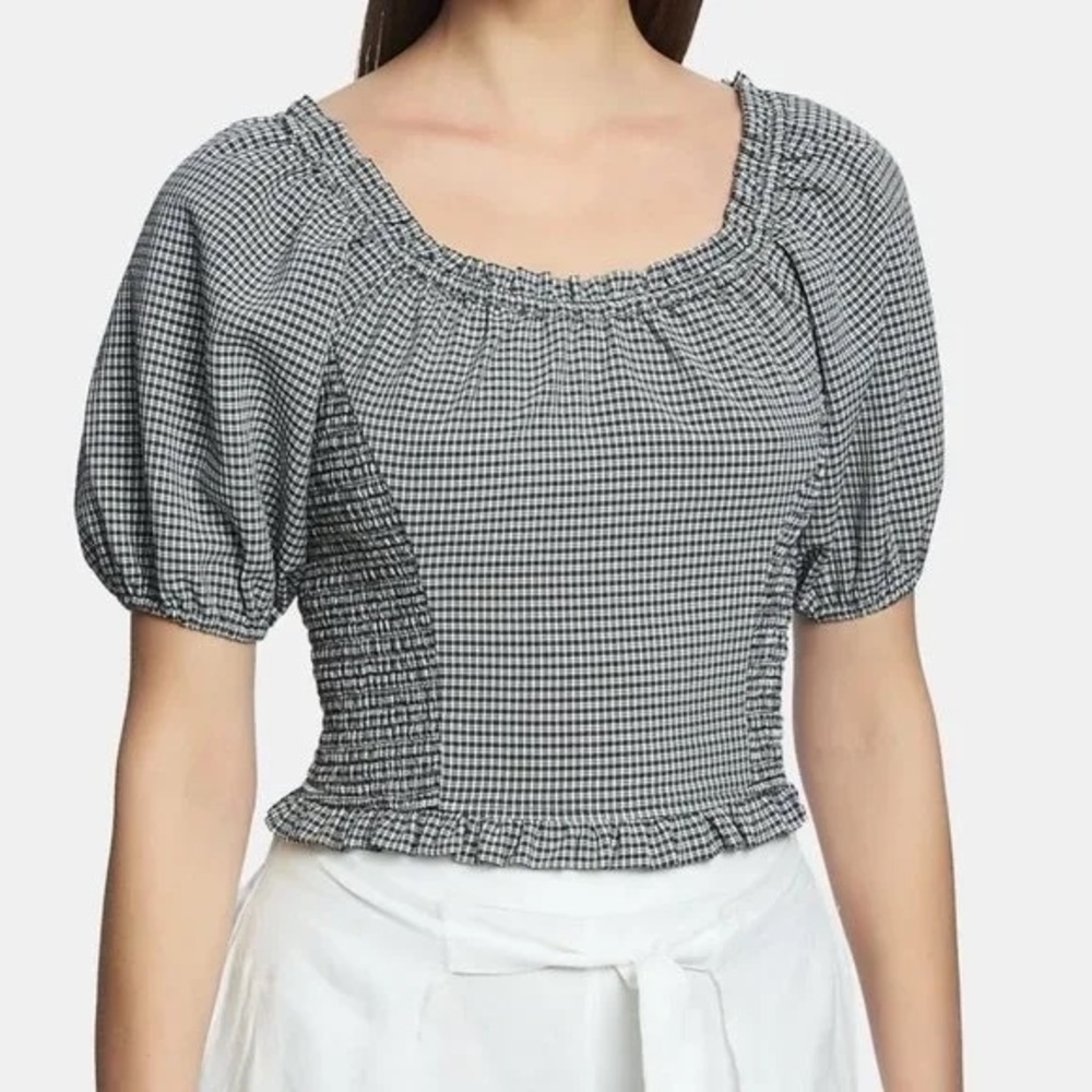 1 State prairie puff sleeve milkmaid blouse plaid gingham country preppy smocked - Picture 1 of 6